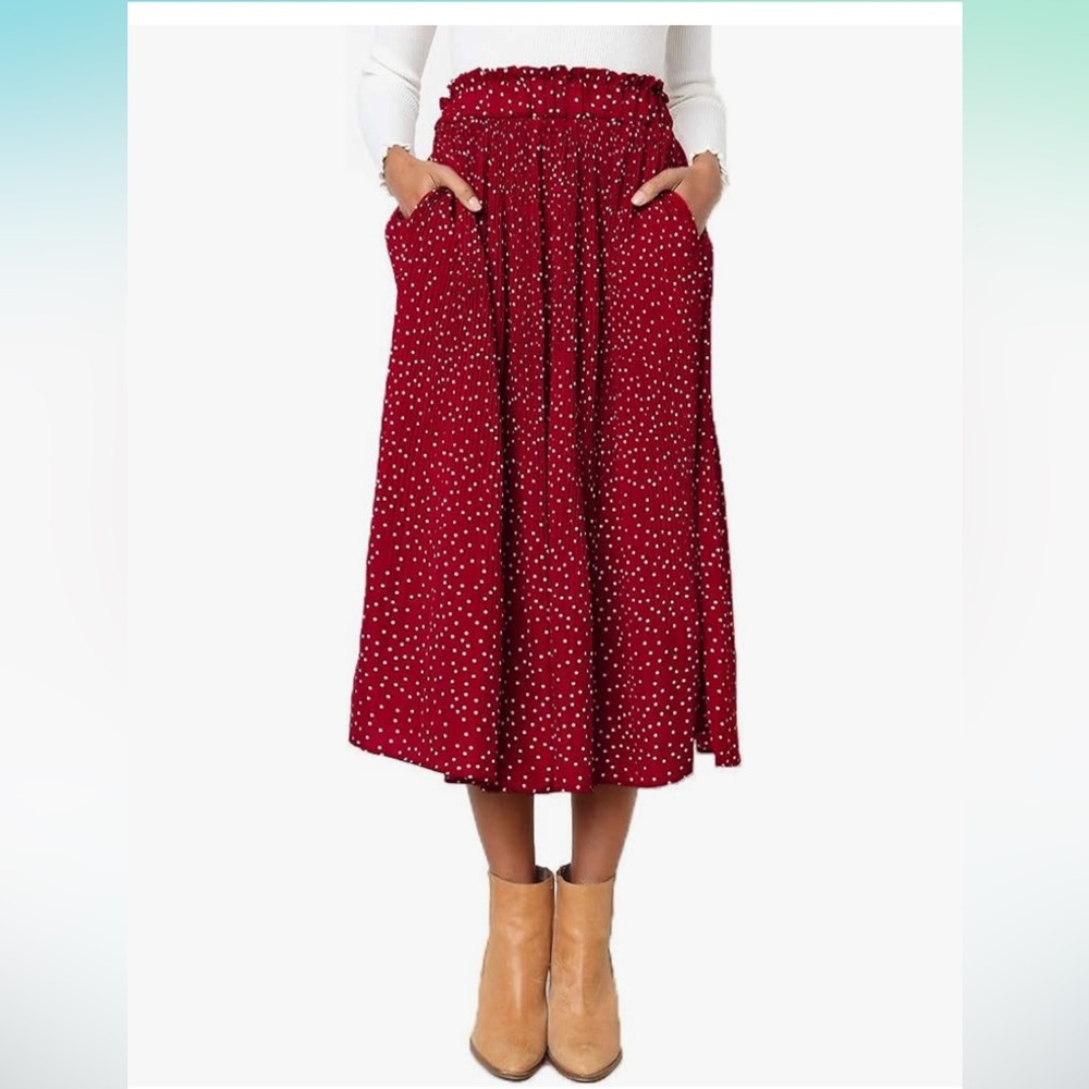 NWT EXLURA Womens High Waist Polka Dot Pleated Skirt Midi Skirt Large